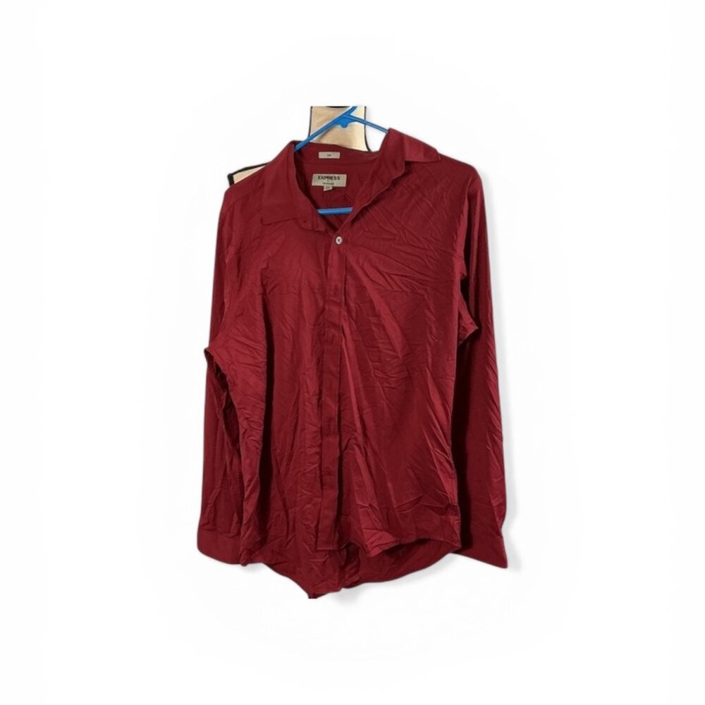 Express Performance Slim Fit Button-Up Shirt – Red Long Sleeve (M)